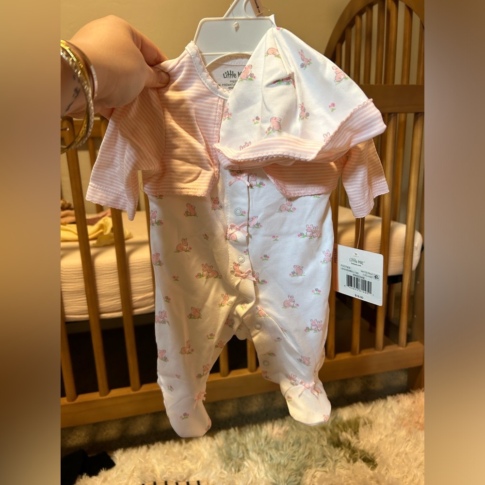 Little Me Pink Bunny Print Footie and Hat Set Preemie